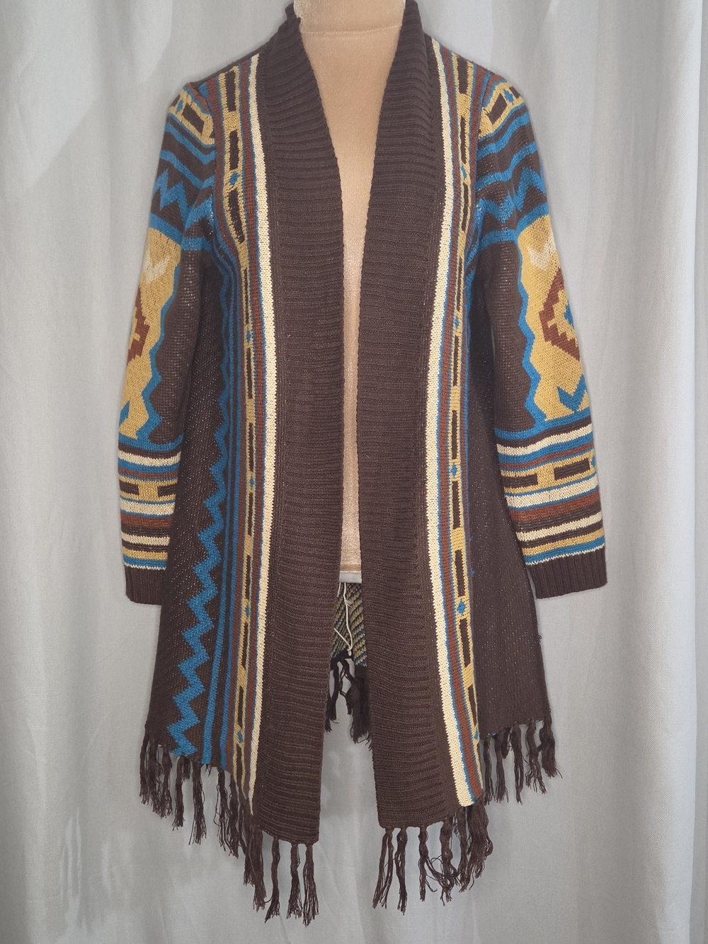 Brown Aztec Open-Front Fringe Cardigan Sweater - Women's Size Medium